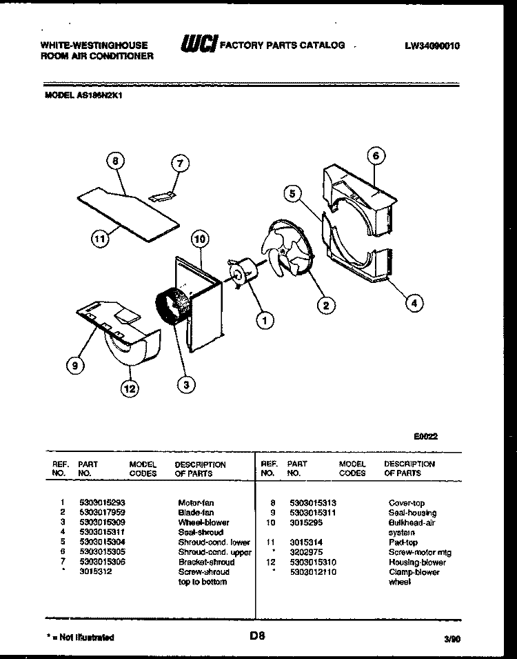 AIR HANDLING PARTS Diagram and Parts List for AS186N2K1  Frigidaire Air Conditioner