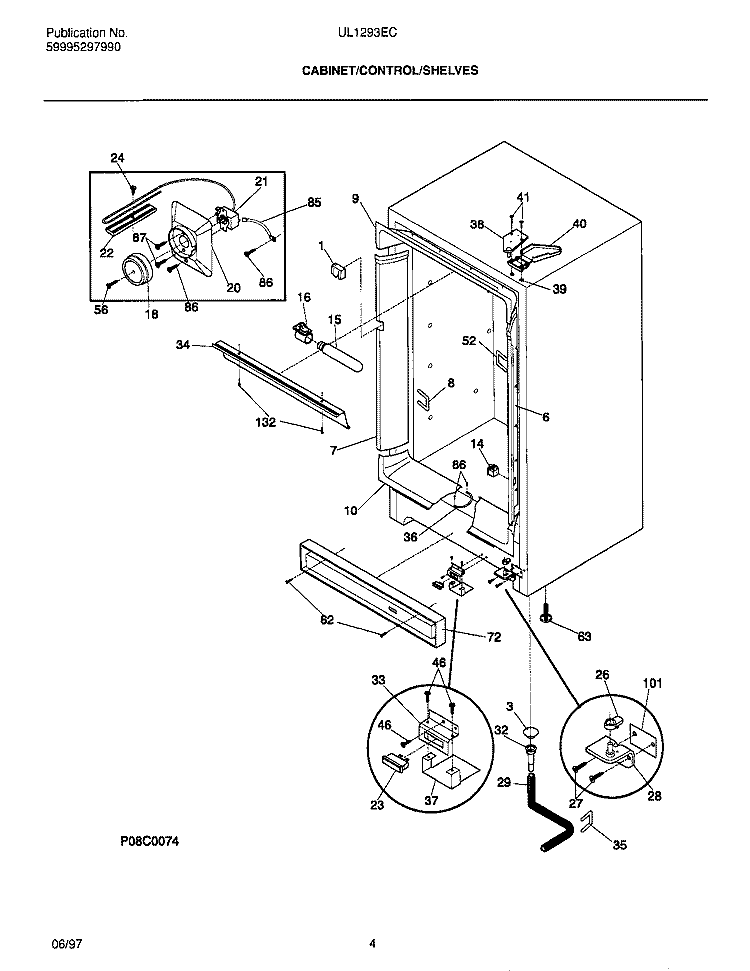 CABINET / CONTROL / SHELVES Diagram and Parts List for UL1293ECW8  Electrolux Freezer