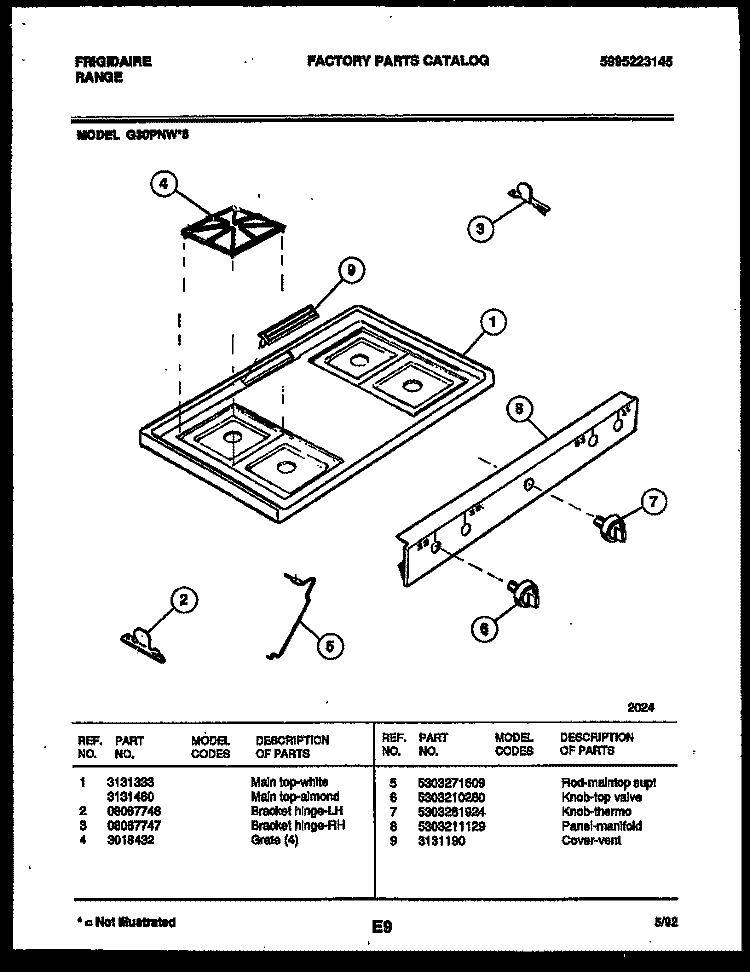 COOKTOP PARTS Diagram and Parts List for G30PNL6  Frigidaire Range