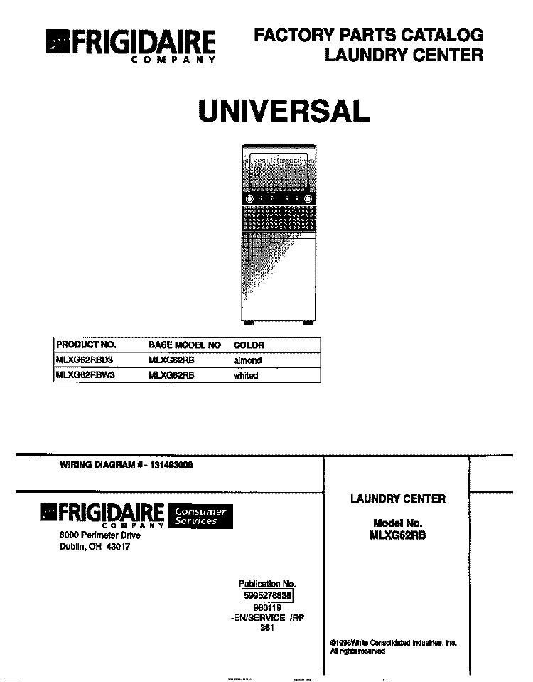 COVER Diagram and Parts List for MLXG62RBD3  Frigidaire Washer Dryer Combo