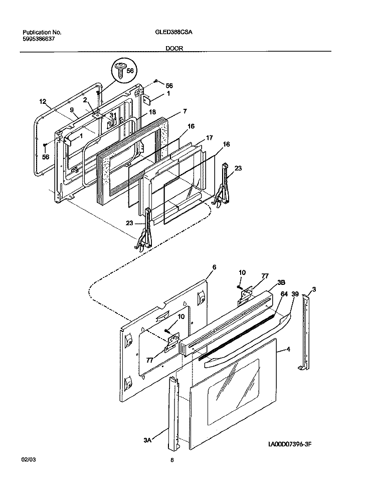 DOOR Diagram and Parts List for GLED388CSA  Frigidaire Range