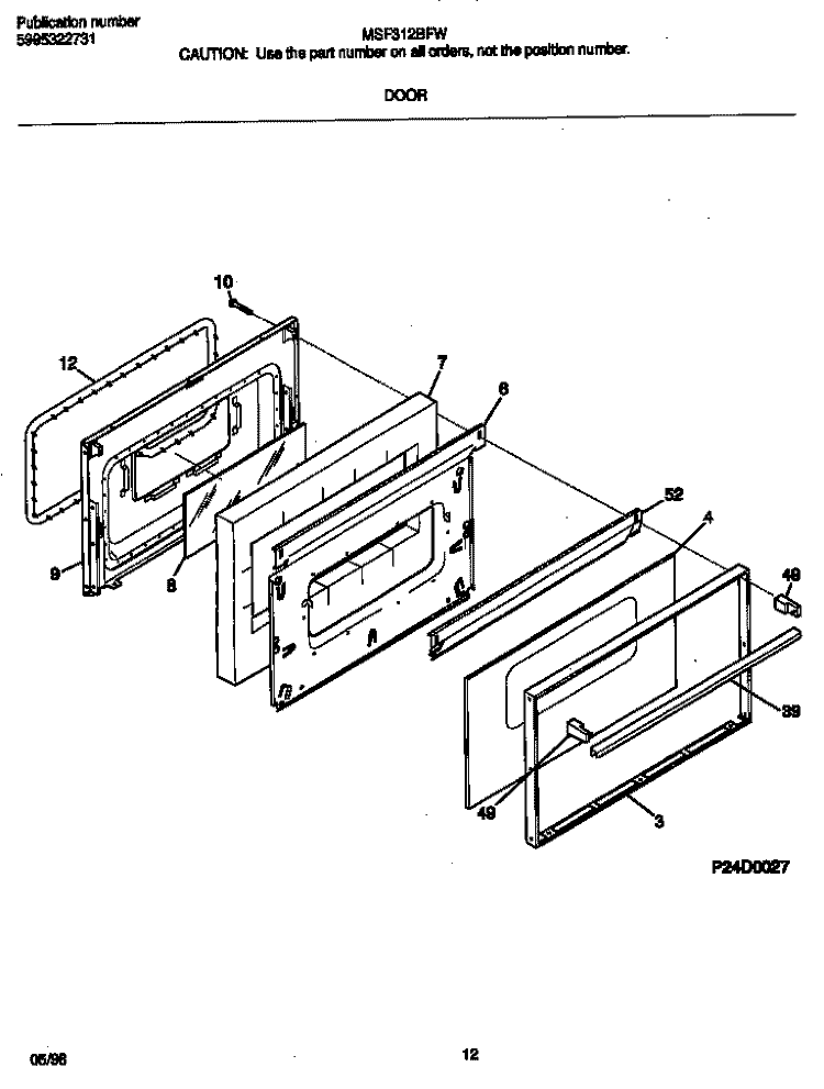 DOOR Diagram and Parts List for MSF312BFWD  Frigidaire Range