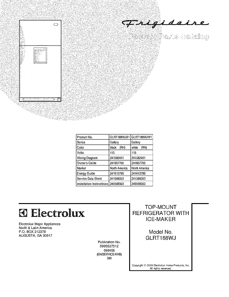 COVER Diagram and Parts List for GLRT188WJB1  Frigidaire Refrigerator