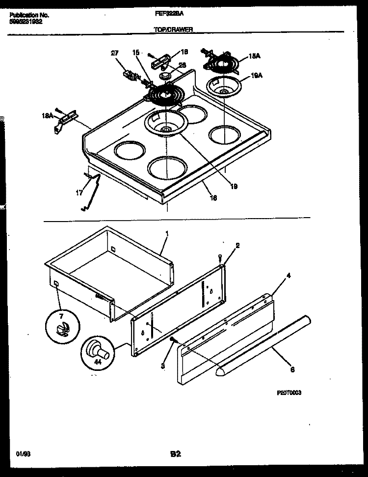 COOKTOP AND DRAWER PARTS Diagram and Parts List for FEF322BADA  Frigidaire Range
