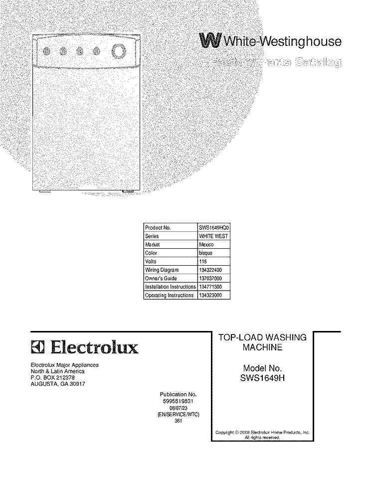 COVER Diagram and Parts List for SWS1649HQ0  Westinghouse Washer