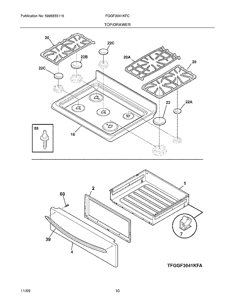 TOP/DRAWER Diagram and Parts List for FGGF3041KFC  Frigidaire Range