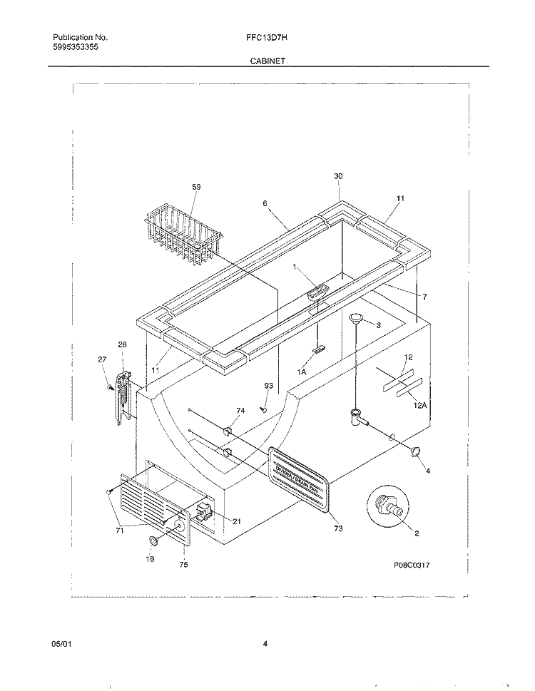 CABINET Diagram and Parts List for FFC13D7HW4  Frigidaire Freezer