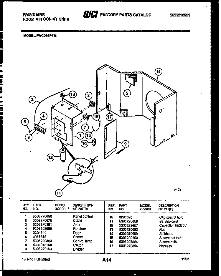 ELECTRICAL PARTS Diagram and Parts List for FAC066P7B1  Frigidaire Air Conditioner