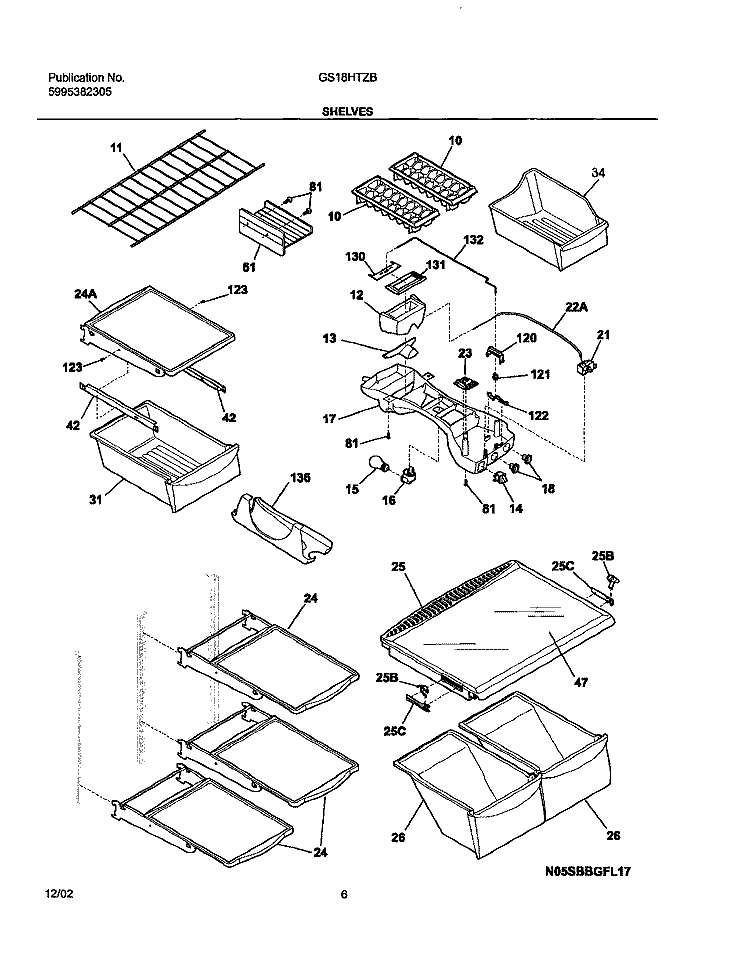 SHELVES Diagram and Parts List for GS18HTZBW4  Frigidaire Refrigerator