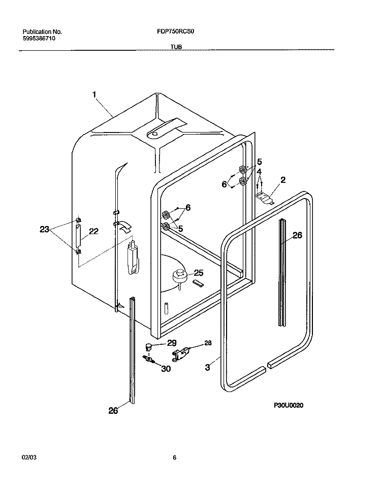TUB Diagram and Parts List for FDP750RCS0  Frigidaire Dishwasher
