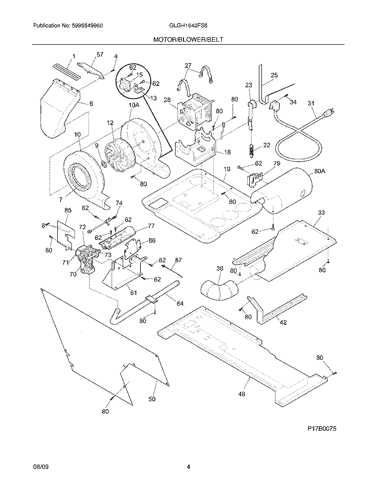 MOTOR/BLOWER/BELT Diagram and Parts List for GLGH1642FS5  Frigidaire Washer Dryer Combo
