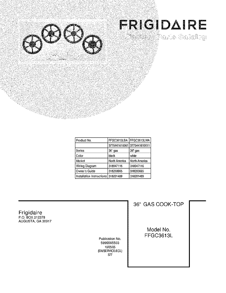 COVER Diagram and Parts List for FFGC3613LBA  Frigidaire Cooktop