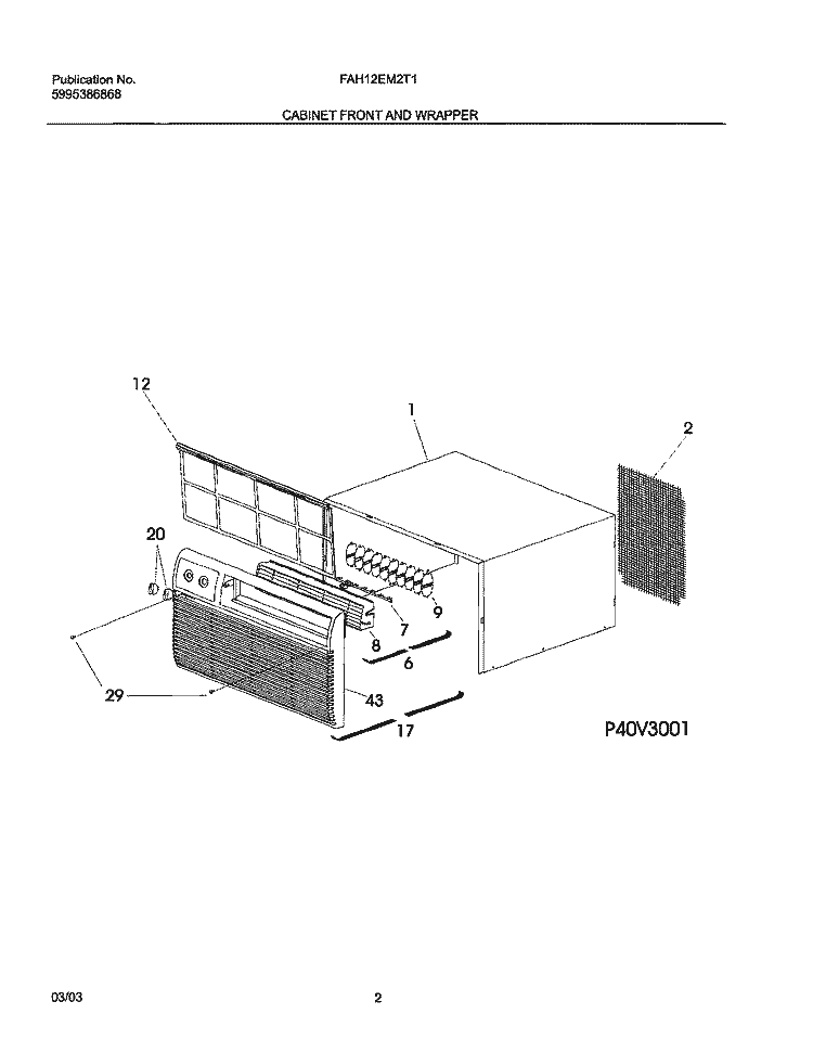 CABINET FRONT AND WRAPPER Diagram and Parts List for FAH12EM2T1  Frigidaire Air Conditioner