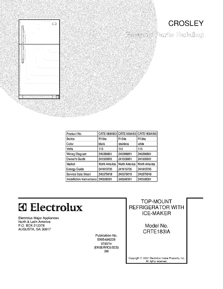 COVER Diagram and Parts List for CRTE183IAS3  Frigidaire Refrigerator