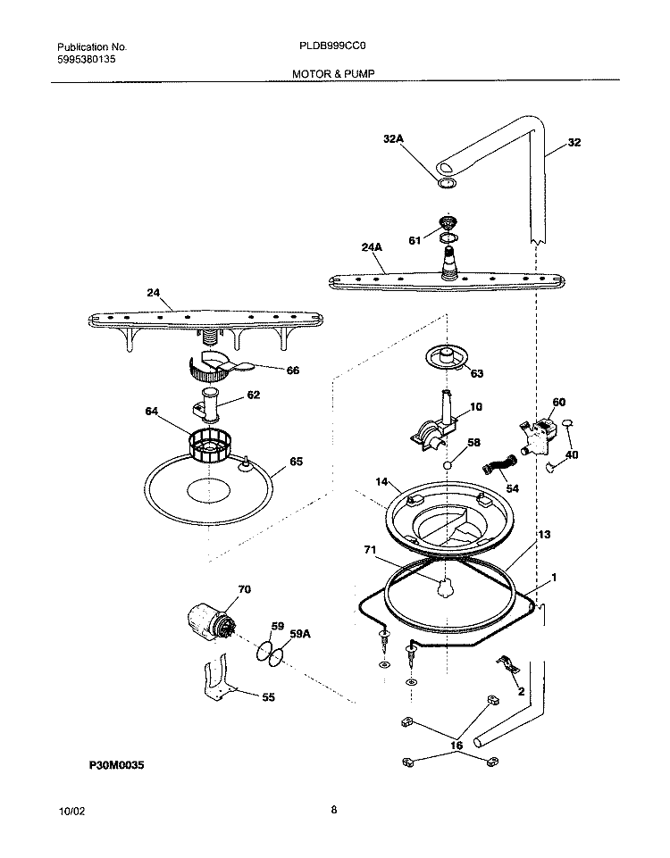 MOTOR & PUMP Diagram and Parts List for PLDB999CC0  Frigidaire Dishwasher