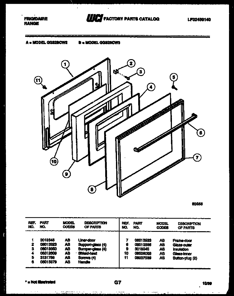 DOOR PARTS Diagram and Parts List for GG32BCL2  Frigidaire Range