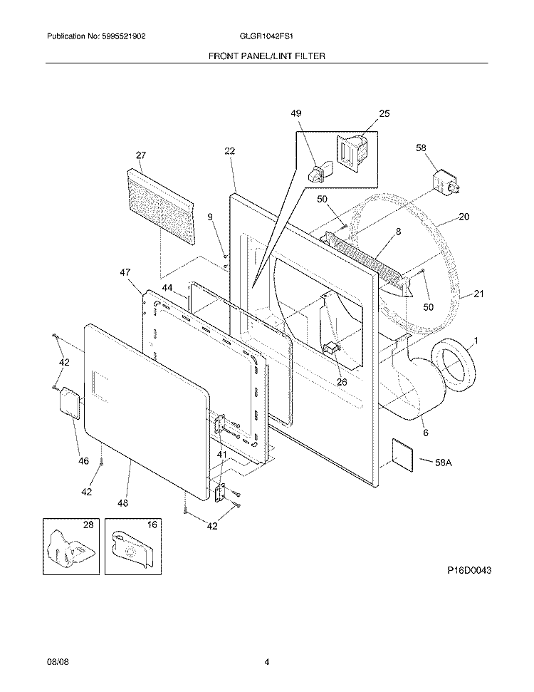 FRONT PANEL/LINT FILTER Diagram and Parts List for GLGR1042FS1  Frigidaire Dryer