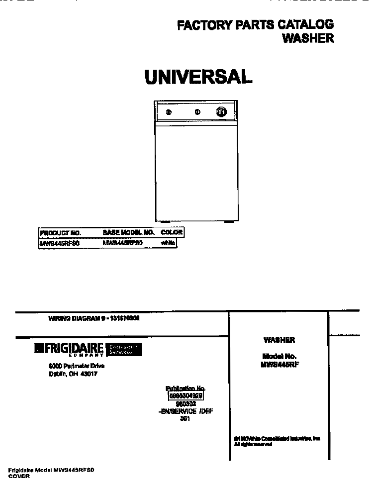 COVER Diagram and Parts List for MWS445RFS0  Frigidaire Washer