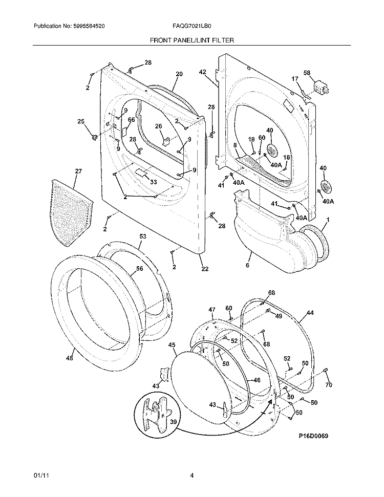 FRONT PANEL/LINT FILTER Diagram and Parts List for FAQG7021LB0  Frigidaire Dryer
