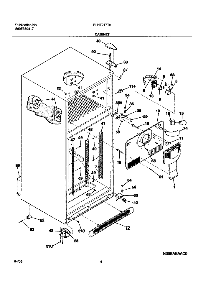 CABINET Diagram and Parts List for PLHT217TAB4  Frigidaire Refrigerator