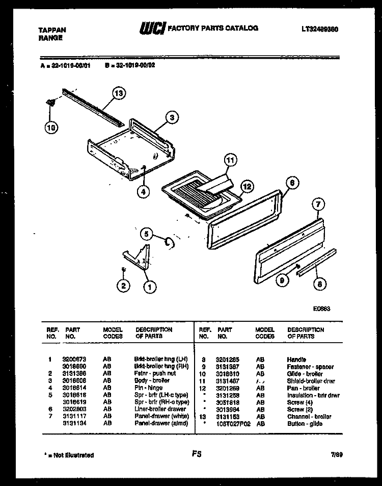 BROILER DRAWER PARTS Diagram and Parts List for 32-1019-00-01  Tappan Range