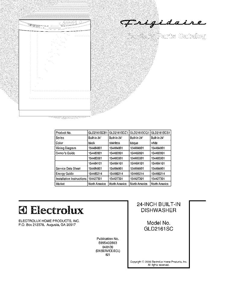 COVER Diagram and Parts List for GLD2161SCQ1  Frigidaire Dishwasher