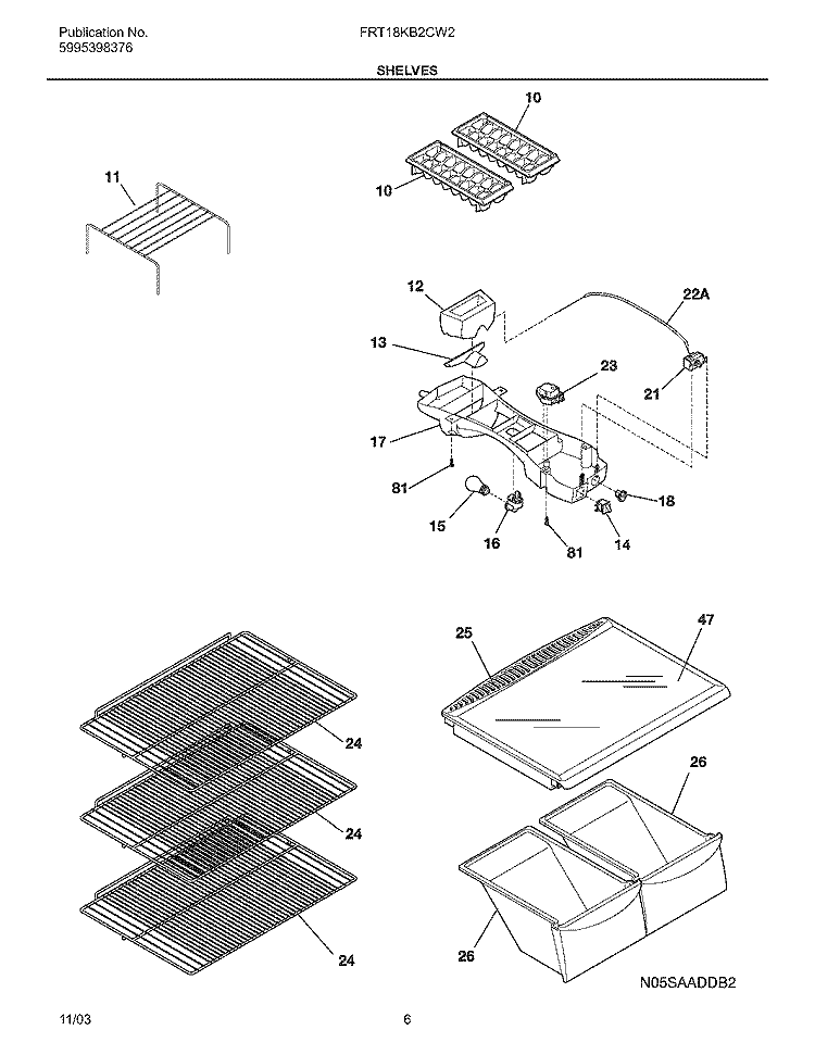 SHELVES Diagram and Parts List for FRT18KB2CW2  Frigidaire Refrigerator
