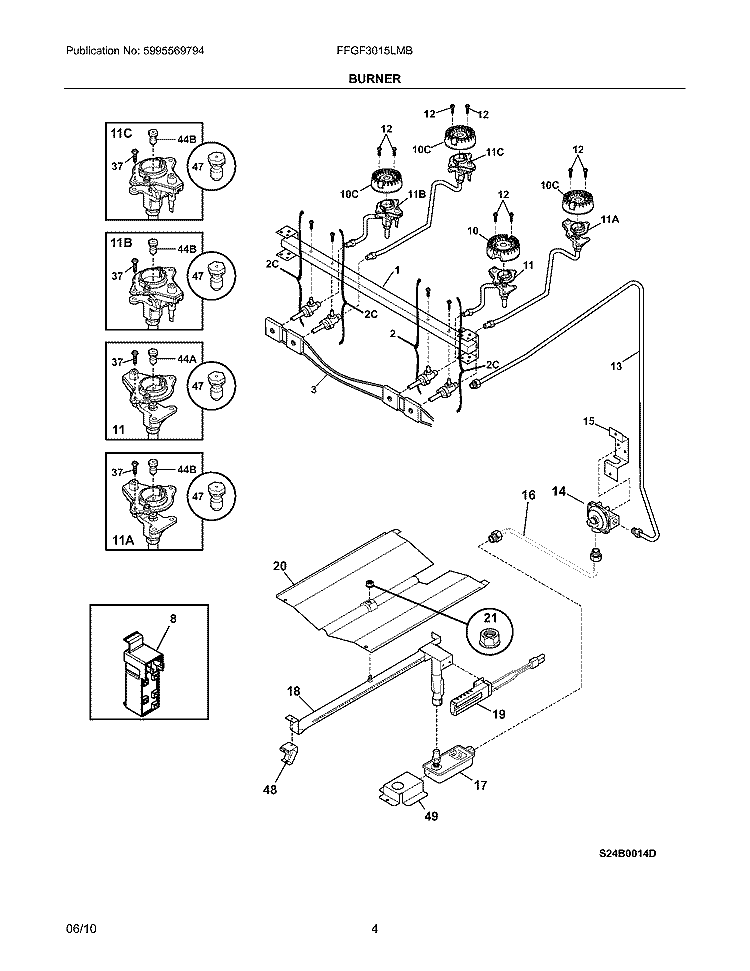 BURNER Diagram and Parts List for FFGF3015LMB  Frigidaire Range