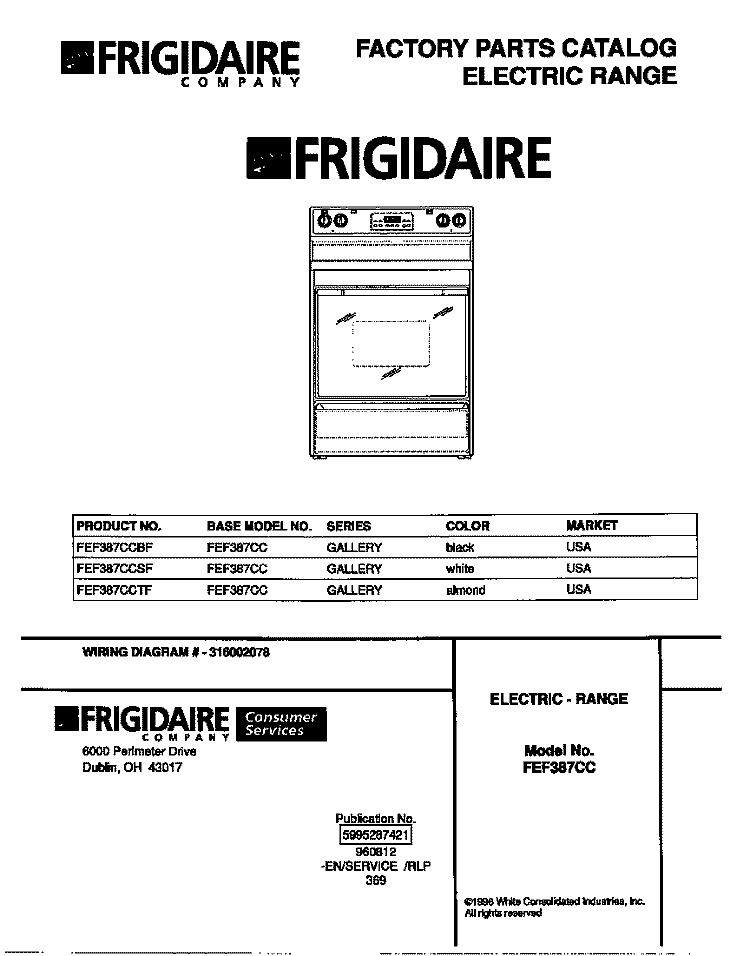 COVER Diagram and Parts List for FEF387CCBF  Frigidaire Range
