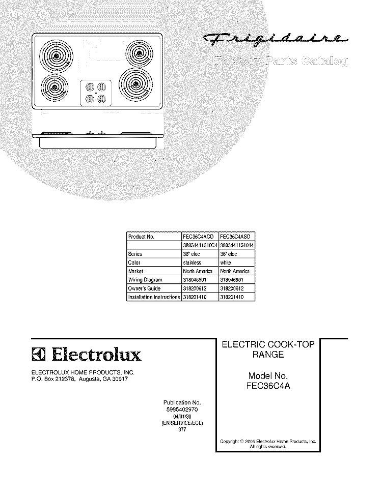 COVER Diagram and Parts List for FEC36C4ACD  Frigidaire Cooktop