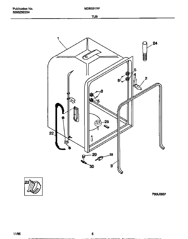 TUB Diagram and Parts List for MDB531RFR1  Frigidaire Dishwasher