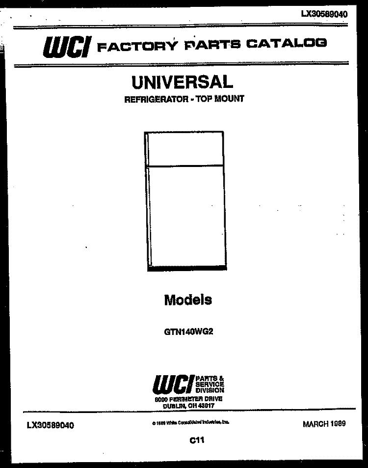 COVER Diagram and Parts List for GTN140WG2  Frigidaire Refrigerator