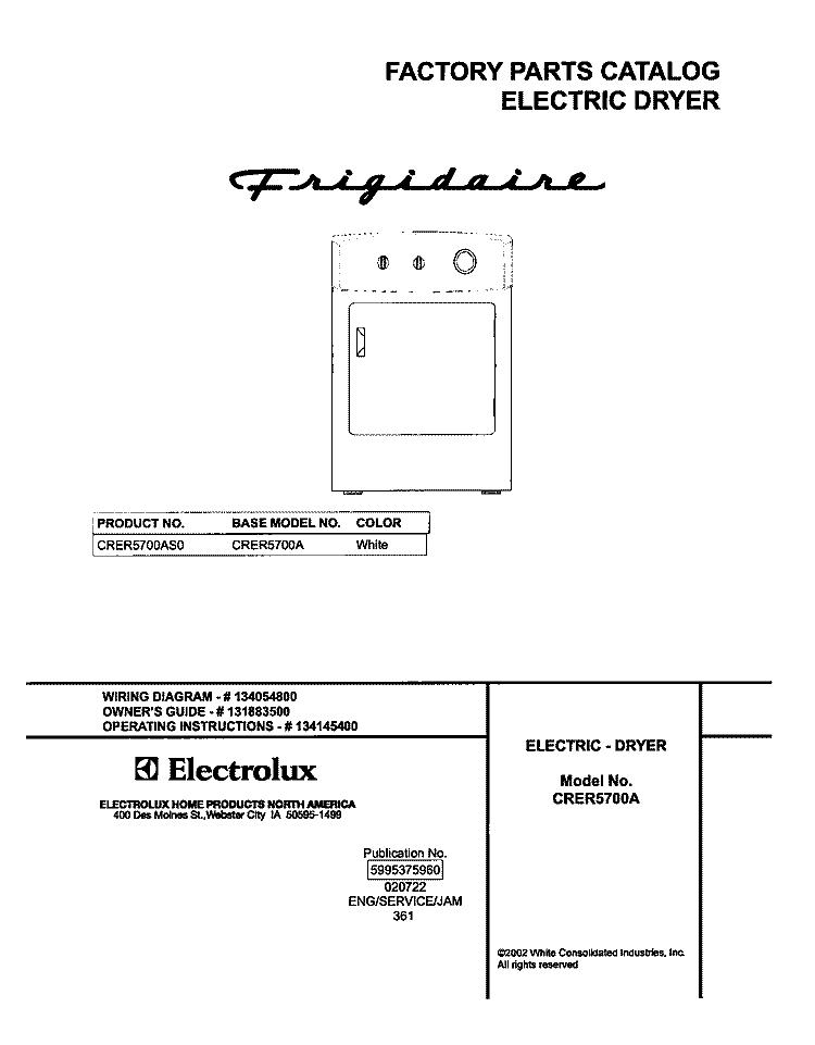 COVER Diagram and Parts List for CRER5700AS0  Frigidaire Dryer