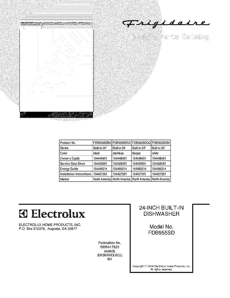 COVER Diagram and Parts List for FDB955SDS0  Frigidaire Dishwasher