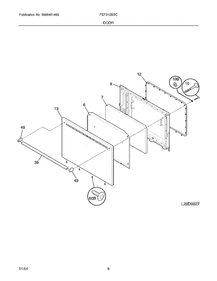DOOR Diagram and Parts List for FEF312BSC  Frigidaire Range