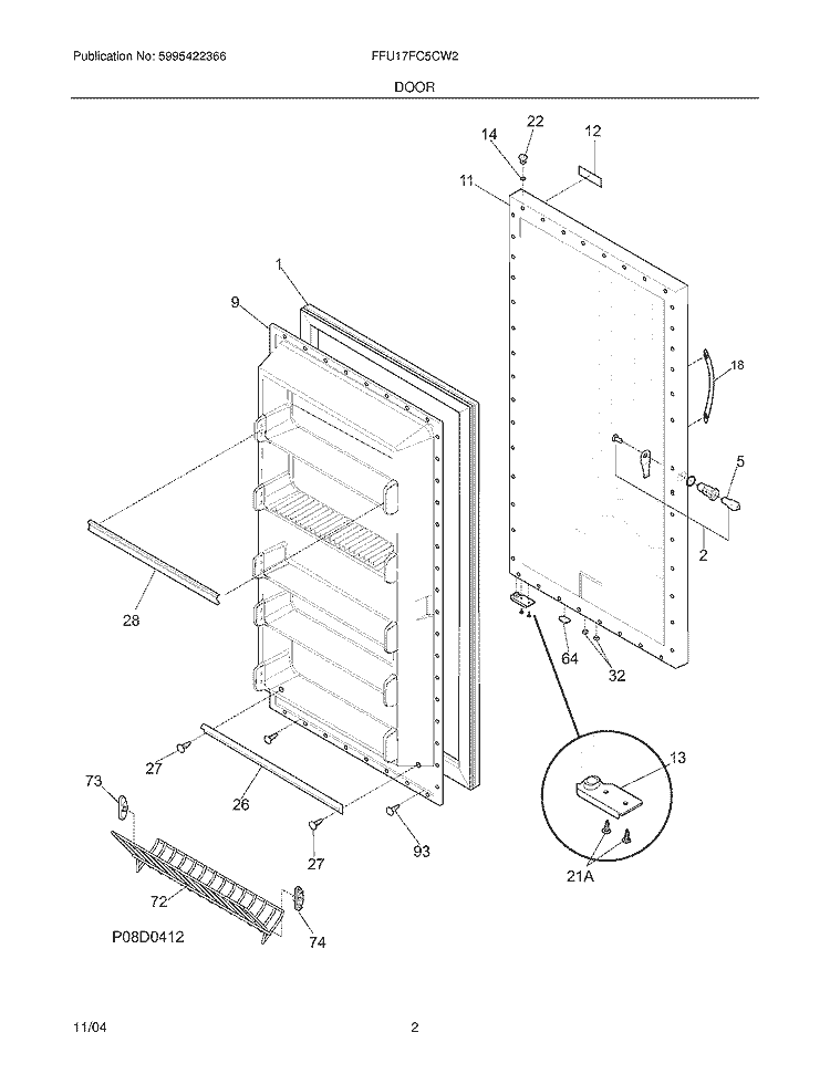 DOOR Diagram and Parts List for FFU17FC5CW2  Frigidaire Freezer