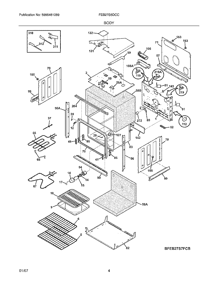 BODY Diagram and Parts List for FEB27S5DCC  Frigidaire Wall Oven