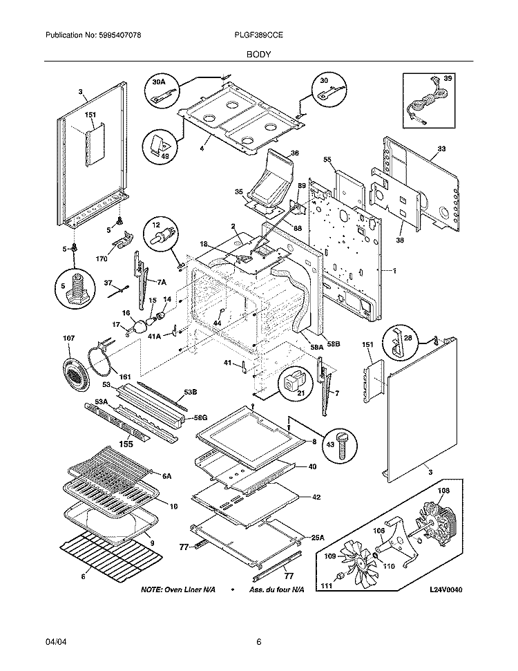 BODY Diagram and Parts List for PLGF389CCE  Frigidaire Range