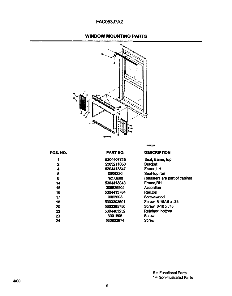 WINDOW MOUNTING PARTS Diagram and Parts List for FAC053J7A2  Frigidaire Air Conditioner