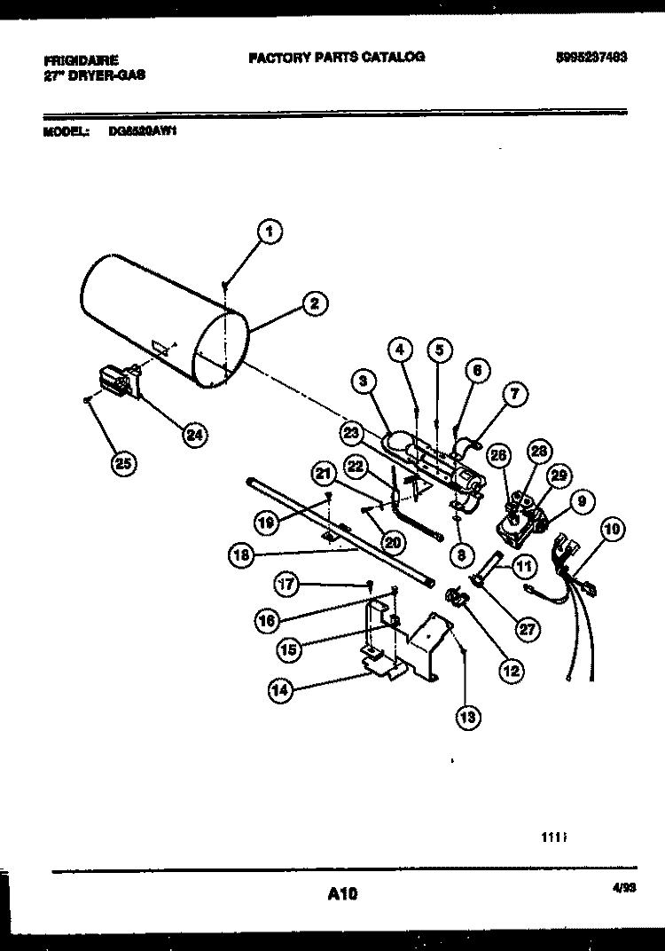 BURNER, IGNITER AND VALVE Diagram and Parts List for DG6520AW1  Frigidaire Dryer