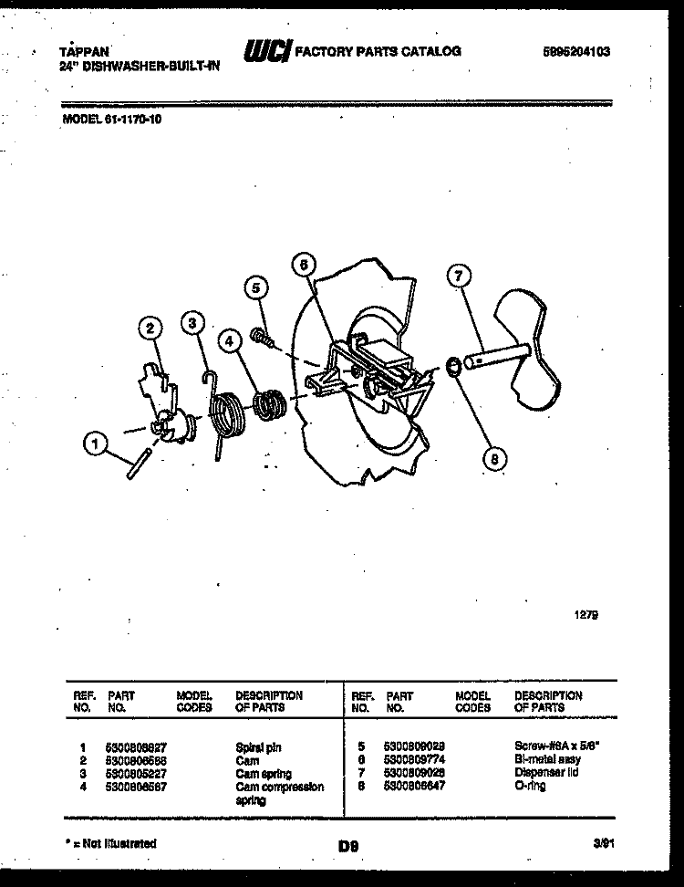 CAM Diagram and Parts List for 61-1170-00  Tappan Dishwasher