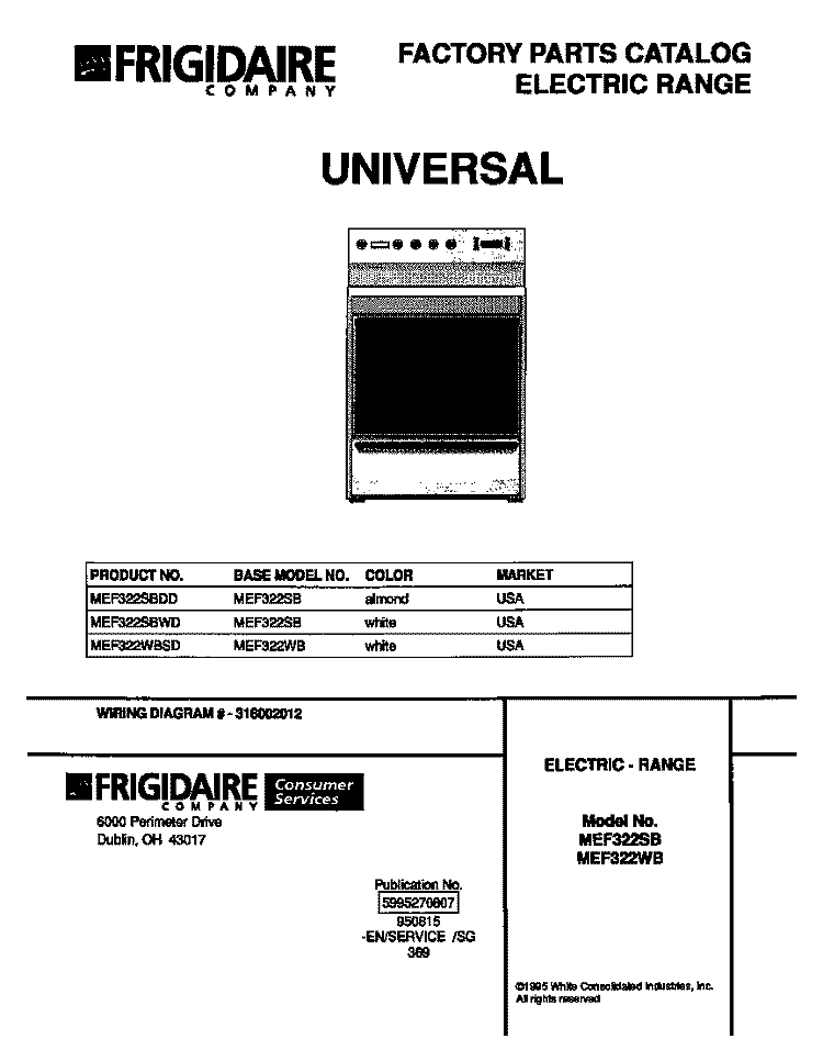 COVER Diagram and Parts List for MEF322WBSD  Frigidaire Range