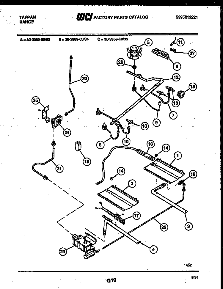 BURNER, MANIFOLD AND GAS CONTROL Diagram and Parts List for 30-3989-00-03  Tappan Range