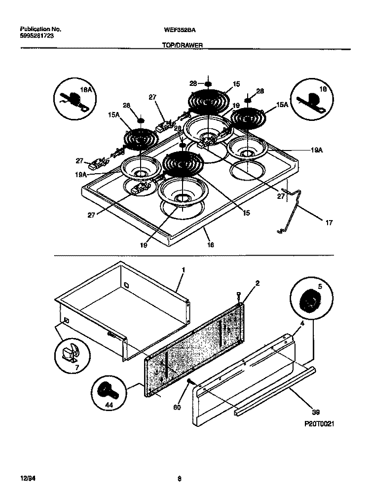 TOP / DRAWER Diagram and Parts List for WEF352BAWA  Frigidaire Range