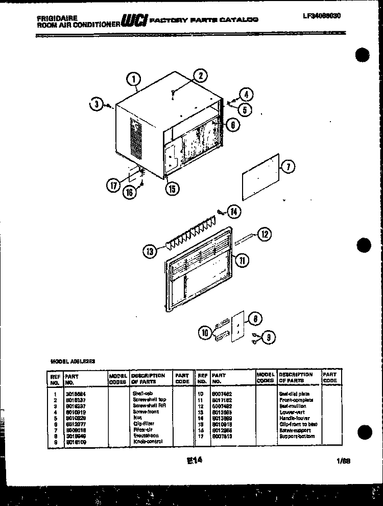 CABINET PARTS Diagram and Parts List for A05LE2E3  Frigidaire Air Conditioner