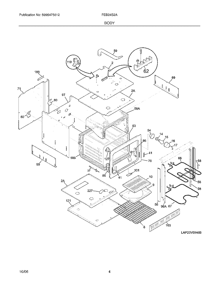 BODY Diagram and Parts List for FEB24S2ABC  Frigidaire Wall Oven