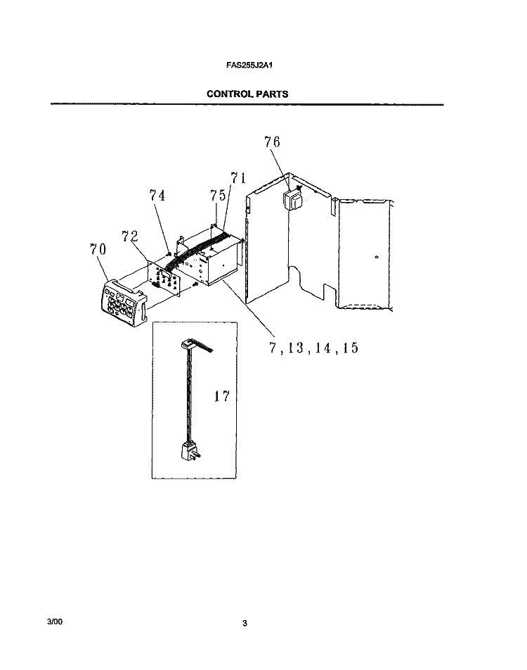 CONTROL PARTS Diagram and Parts List for FAS255J2A1  Frigidaire Air Conditioner