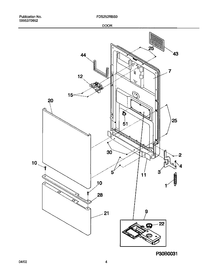 DOOR Diagram and Parts List for FDS252RBS0  Frigidaire Dishwasher