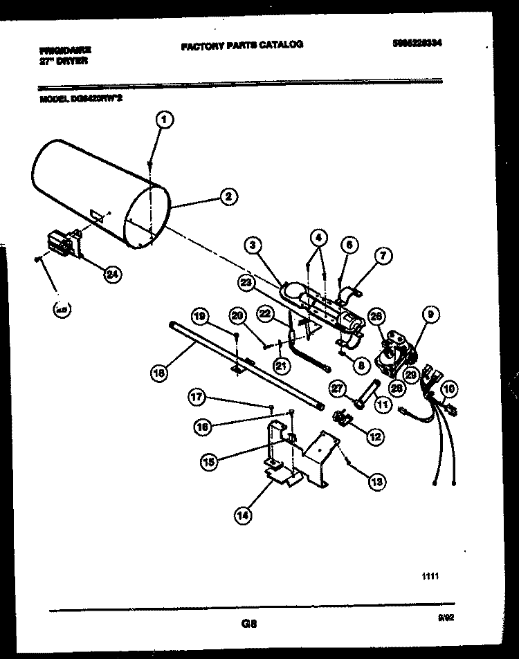 BURNER, IGNITER AND VALVE Diagram and Parts List for DG6420RW2  Frigidaire Dryer