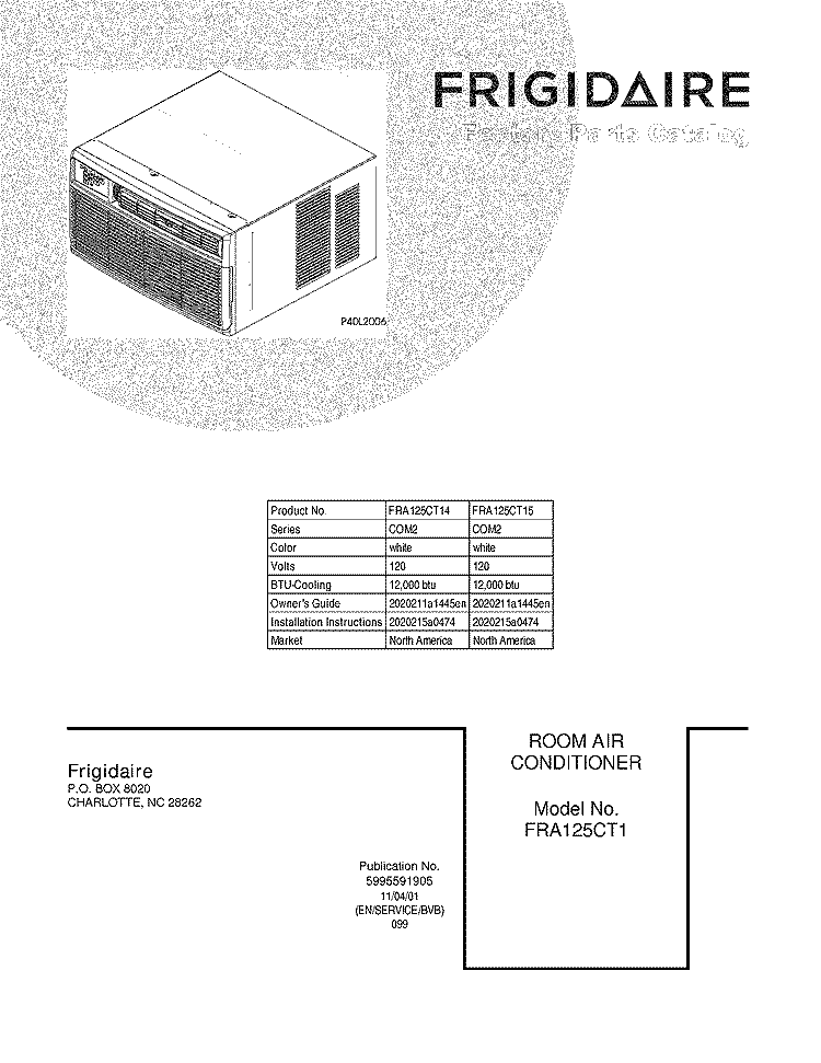 COVER Diagram and Parts List for FRA125CT14  Frigidaire Air Conditioner